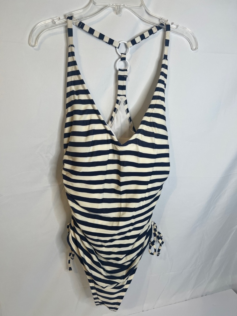 Kona Sol Navy and White Striped One-Piece with T-Ring Back